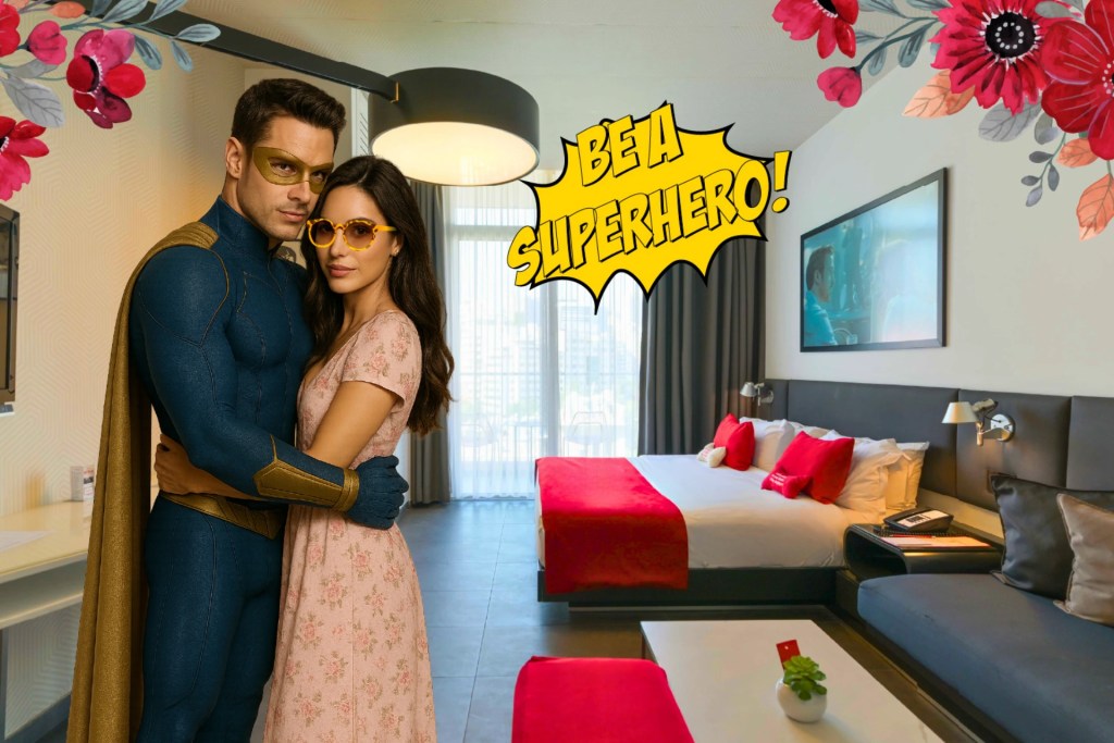 A cozy boutique hotel room in Beirut with floor-to-ceiling windows and modern Lebanese decor