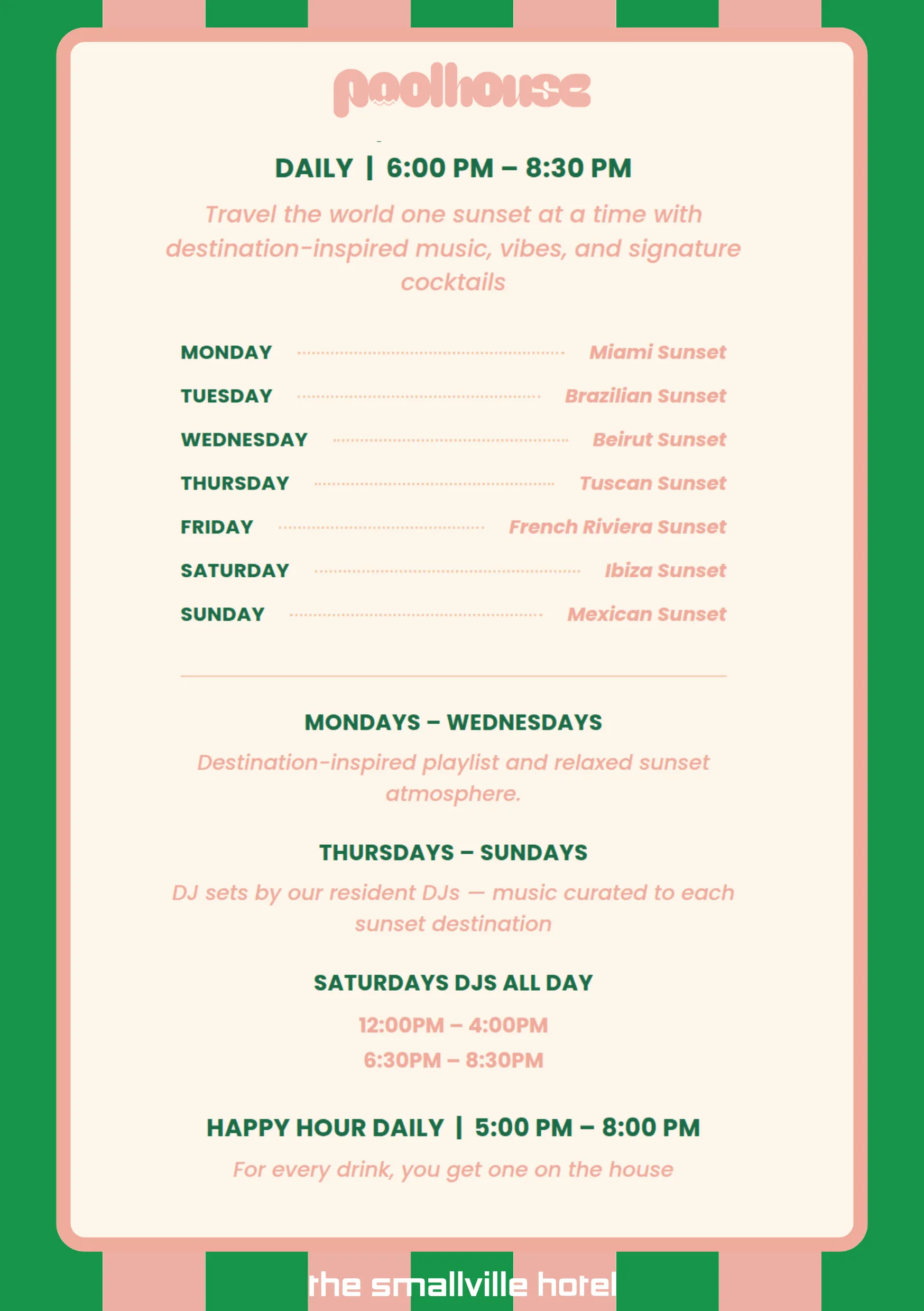 Poolhouse weekly entertainment schedule