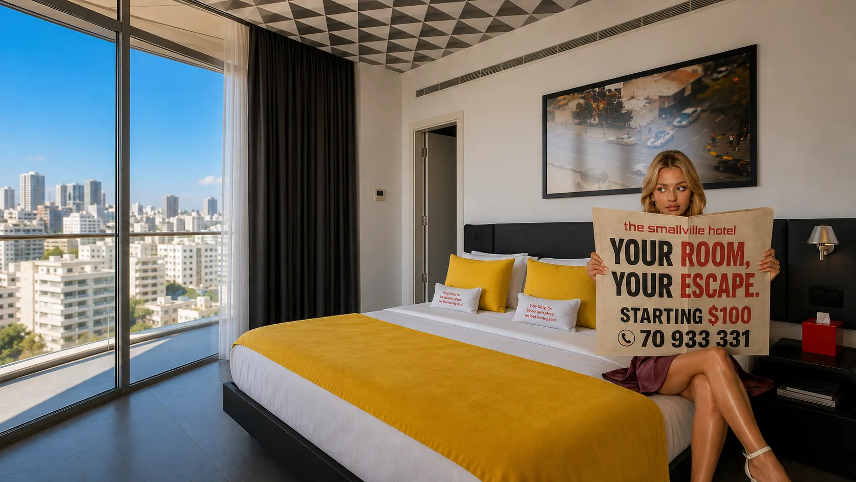 Room at The Smallville Hotel with city view, a guest holding a sign reading Your Room, Your Escape, starting $100