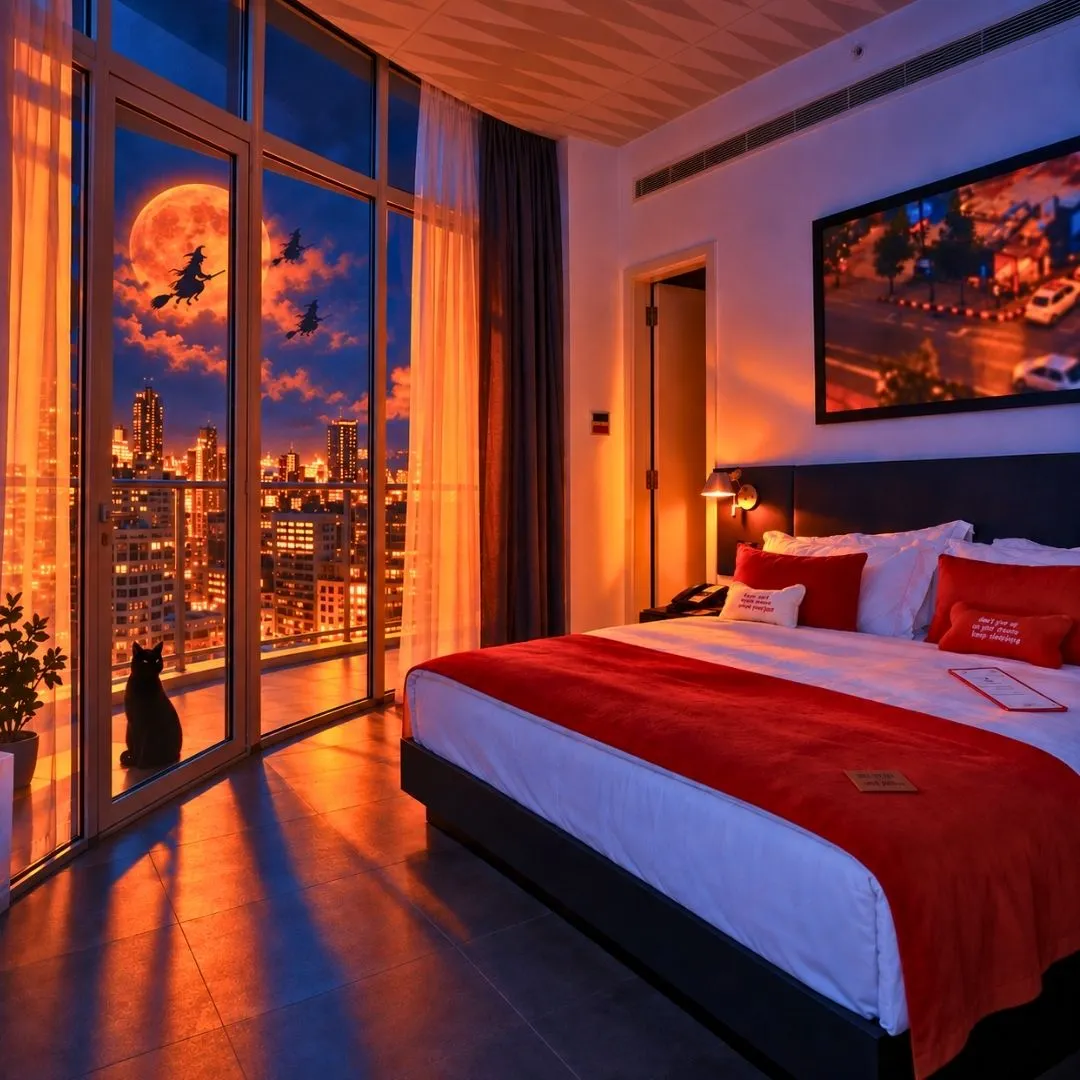 The Smallville Hotel | Spooky Octoberr: Beirut Hotel Packages, Rooms & More Halloween room with Beirut skyline and full moon at The Smallville Hotel, Badaro