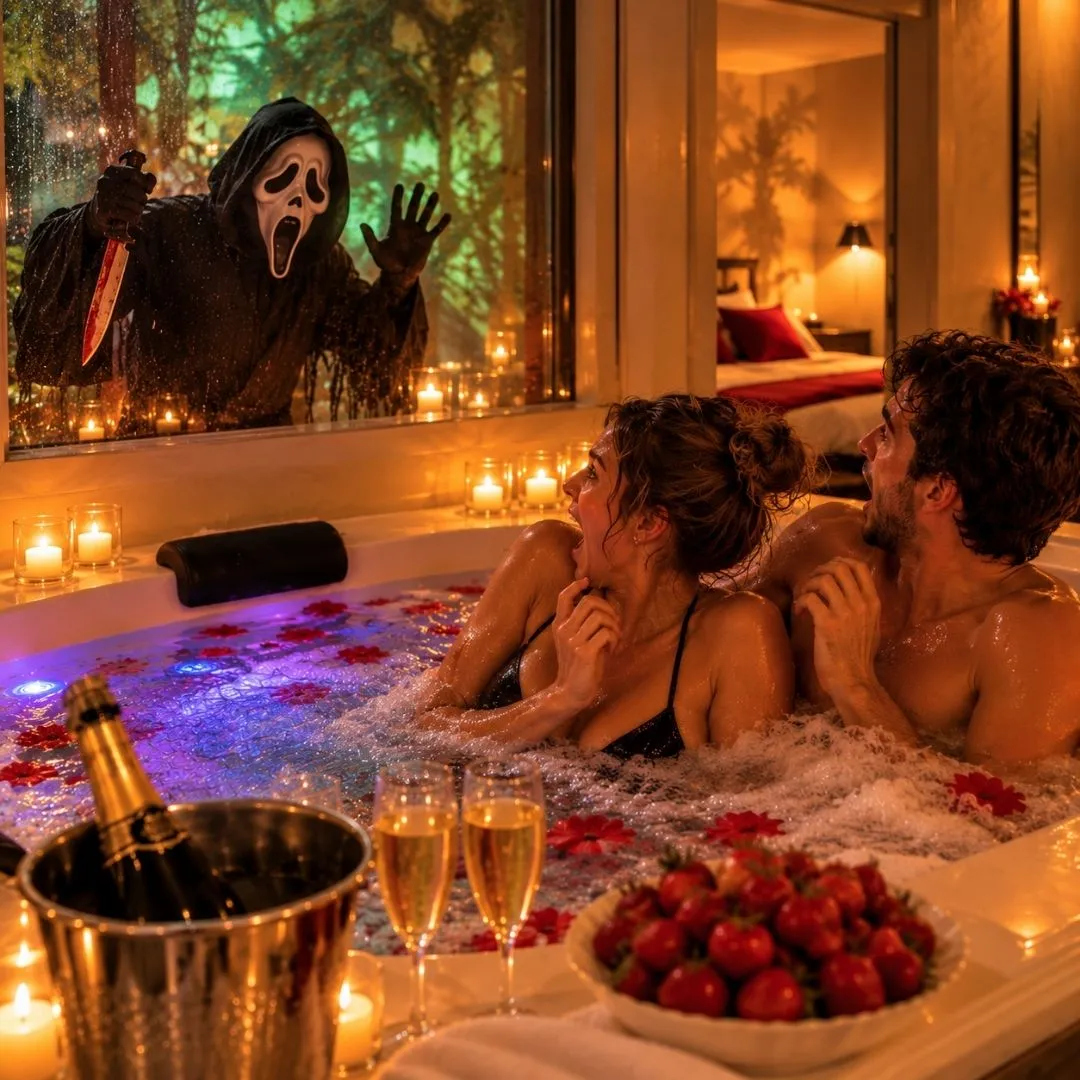 The Smallville Hotel | Spooky Octoberr: Beirut Hotel Packages, Rooms & More Couple in the Jacuzzi Room with Champagne and strawberries at The Smallville Hotel, Beirut